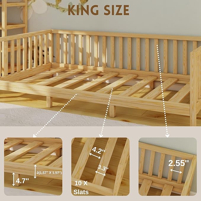 Montessori Floor Bed Designed with Open Front and Footed Model for Girls and Boys | Pine Wood Natural Solid Frame Beds with Slats | Sturdy Designed Floor Bed Frame for Kids (King, Height : 23 Inches)