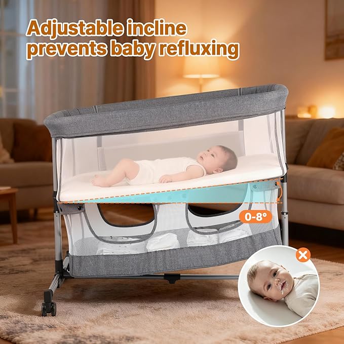 Bassinet Bedside Sleeper, 3-in-1 Baby Bedside Bassinet, 5 Height Adjustable Rocking Baby Crib, Breathable Full Mesh, Mosquito Net, Storage Basket, Stable and Secure Bassinets for Newborn Infant