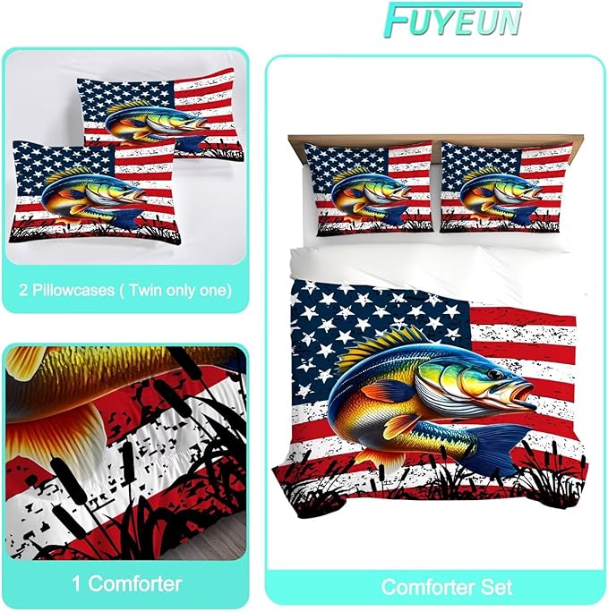 Fisherman Comforter Set King Size American Flag Bedding Set for Men Boys Teens Fishing Lover Bedroom Bass Fish Farmhouse Bed Set Wild Quilted, 1 Comforter 2 Pillowcases