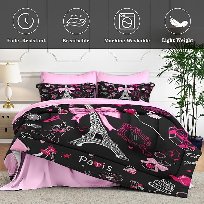 7 Pcs King Size Comforter Set with 2 Pillowcases & 2 Shams, Paris Eiffel Tower Bedding for Kids and Adults, Cute Pink Makeup Fashion Dress Bed in a Bag with Flat Fitted Sheet