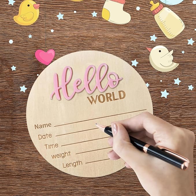 Baby Announcement Sign, 5.9 Inch Wooden Hello World Newborn Signs, Birth Announcement Sign, Baby Shower Hospital Nursery for Newborn Boys and Girls (Pink,Pen)