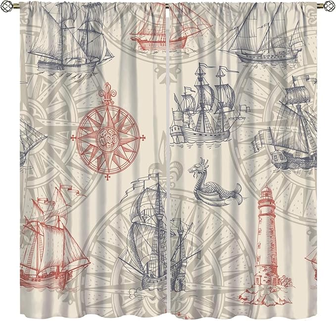 Abstract Nautical Curtain Set Seahorse Curtain for Kids Yellow Polyester Fabric Bedroom Curtain Set 2 Panels,63x72 Inches