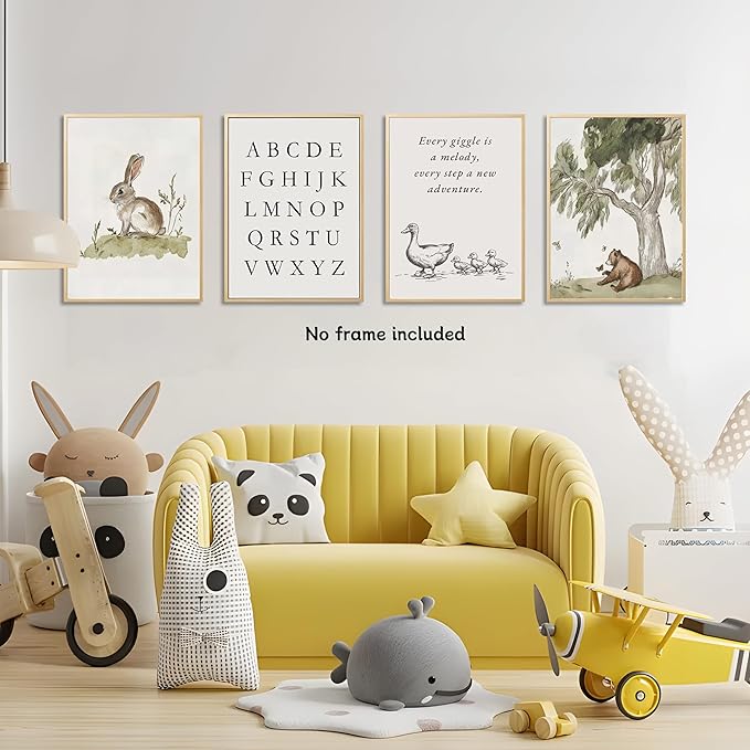 Nursery Gallery Wall Art Animal Canvas Prints Vintage Rustic Poster Set for Kids’ Room Decor Alphabet Inspirational Quotes Wall Art Neutral Baby Room Painting Unframed 8x10 Inches