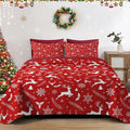 Christmas King Size Quilt Set, White Funny Reindeer Lightweight Bedspread Coverlet with Pillow Shams for Kids and Adults, Winter Snowflake Plants 3 Pcs Bedding Bed Cover