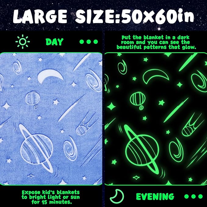inhand Blue Space Toys Glow in the Dark Stars Blanket Birthday Gifts for Boys Cute Kids Blanket and Funny Space Planet Moon Galaxy Room Decor for Age 3 4 5 6 7 8 9 10 11 12 13 Year Old (50''x60''Blue)