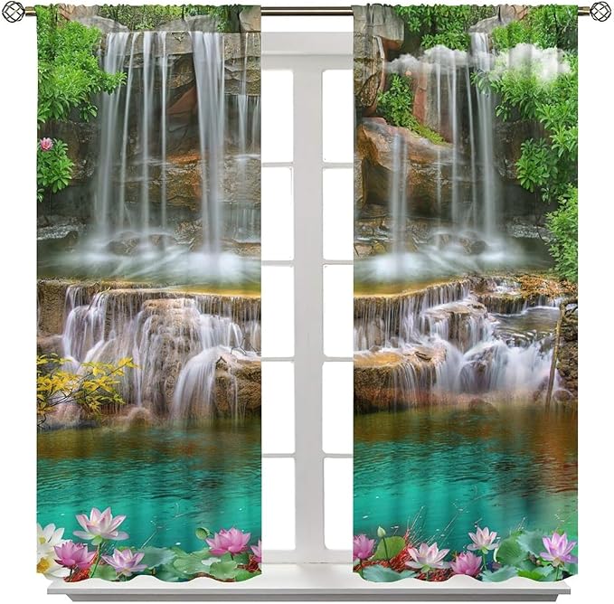 Waterfall Blackout Window Curtains, Rocky Waterfall to Pond Running Off Scenic Nature Themed Picture Print Window Drapes, for Living Room Bedroom 52x84in 2 Panels