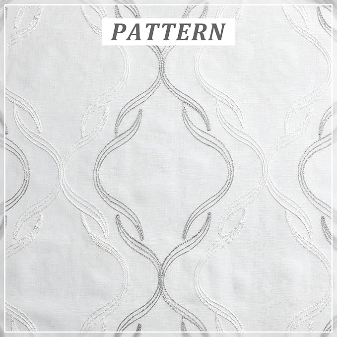 VISIONTEX Sheer Curtains 84 Inches Long 2 Panels Set, Grey and Ivory Two Tone Textured Moroccan Embroidery Geometric Rod Pocket Ivory Voile Tulle Semi Window Treatment Pair for Bedroom, W54 x L84
