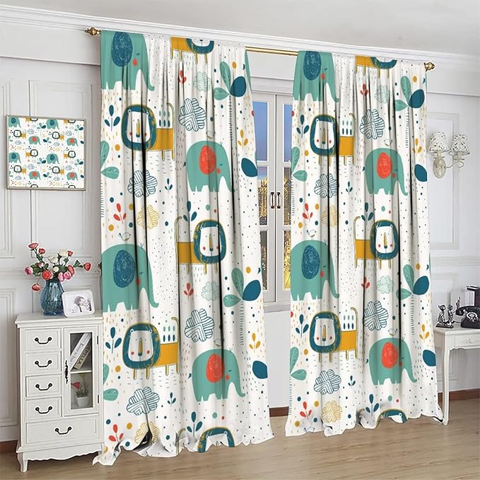 Cute Lions Blackout Curtains for Kids Bedroom,Cartoon Tropical Plants Birds Elephants Print Pattern Window Drapes,Funny Animal Thermal Insulation Curtain for Nursery Baby Room 55x63in