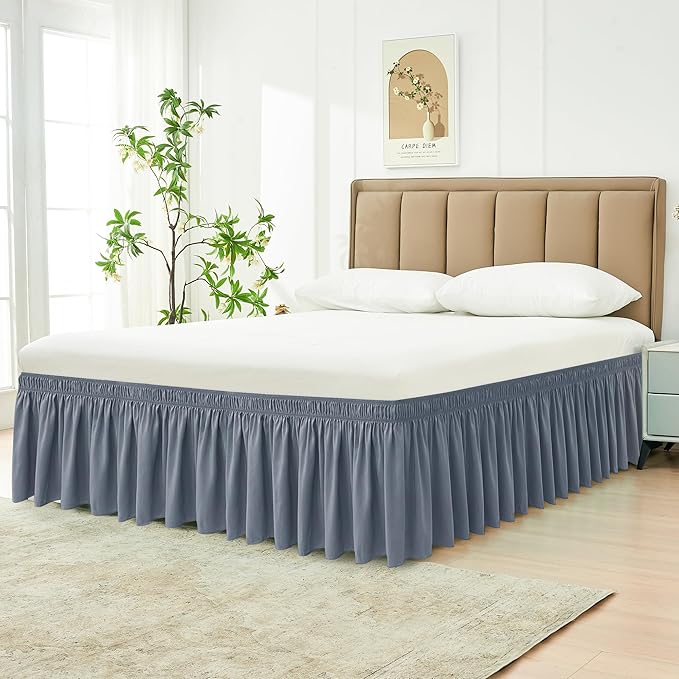 Biscaynebay Wrap Around Bed Skirts for King & Cal King Beds 22" Long Drop, Dark Grey Adjustable Elastic Dust Ruffles Easy Fit Wrinkle Resistant Silky Luxurious Fabric Machine Washable