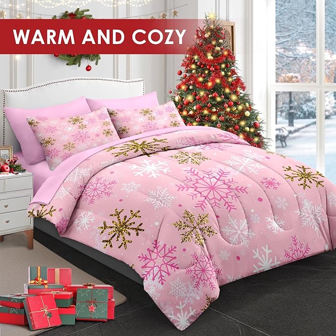 7 Pcs Queen Size Christmas Comforter Set with 2 Pillowcases & 2 Shams, Pink Winter Snowflake Bedding for Kids and Adults, Funny Sparkle Farm Bed in a Bag with Flat Fitted Sheet