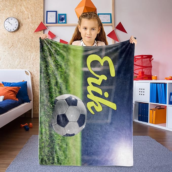 Personalized Baby Balll Soft Blanket: Custom Kids Soccer Design Blanket with Name and Number - Bedding Gifts for Infants Toddlers Adults 40x50inch