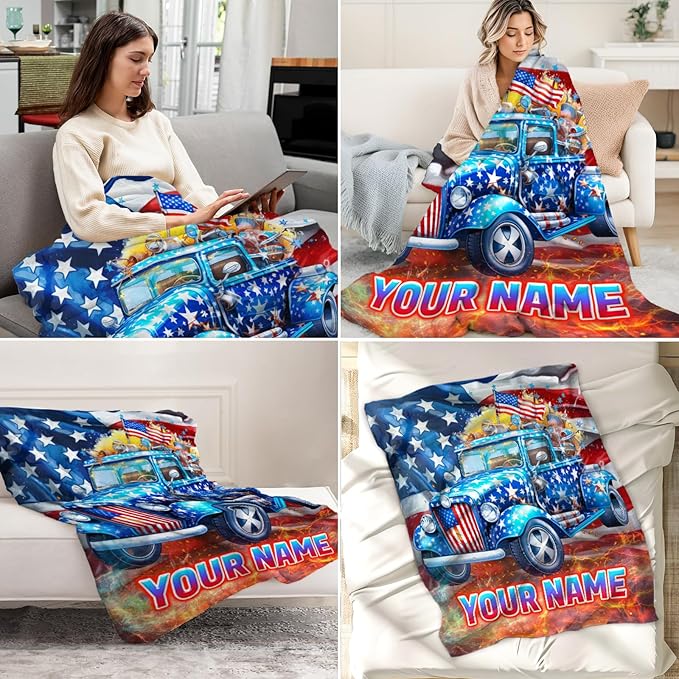 Custom Boys Blanket for Blue Truck Lovers - 30" x 40" Inches Warm Fuzzy Throw Blanket Gift - Comfortable Toddler Throw for Sofa, Couch, Lap