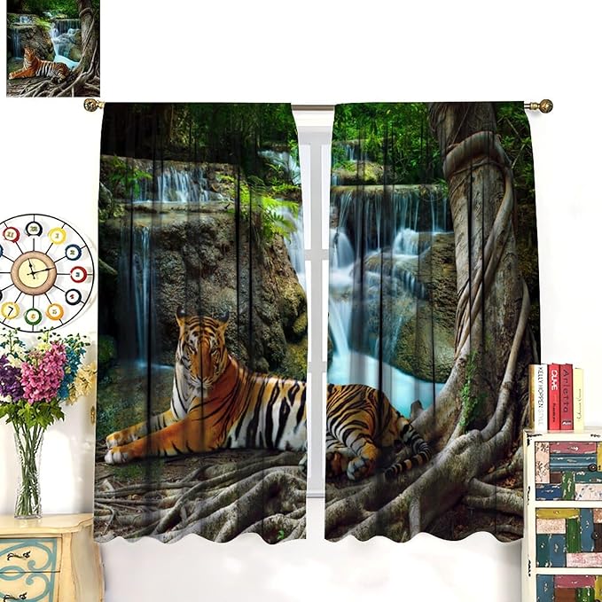 Waterfall Landscape Blackout Curtains, Spring Forest Animal Tiger Tree Waterfall Nature Window Drapes, for Bedroom Living Room 42" W X 54" L