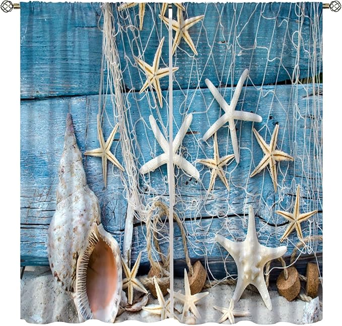 Marine Life Blackout Curtains Watercolor Water Grass Shell Print Curtains for Living Room Bedroom Privacy Curtains 52x84 Inches