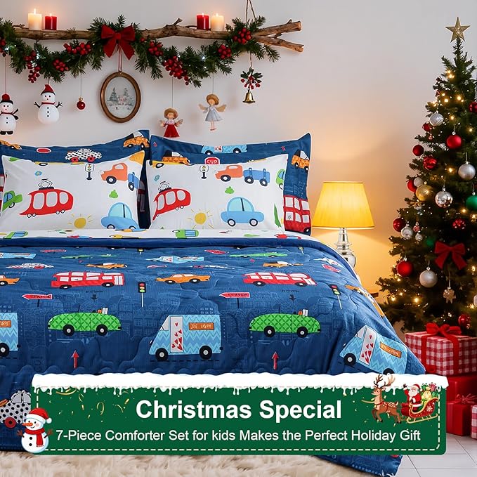 Wajade Cartoon Cars Comforter Set Bed in A Bag Twin Size Colorful Cars Bus Van Traffic Lights Bedding Set for Boys Kids (1 Comforter, 1 Flat Sheet, 1 Fitted Sheet, 2 Pillowcase and 2 Pillow Sham)