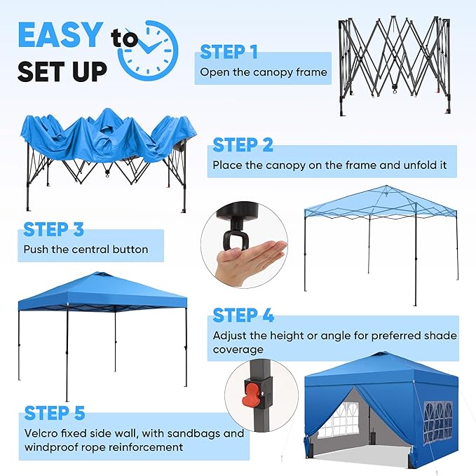 GDY 10x10 Pop Up Canopy Tent with 4 Sidewalls, Easy Set up with One Push Lift Outdoor Silver Coated Beach Gazebos, Carpas with 4 Sandbags, for Pool, Events, Parties, and Camping, Blue.