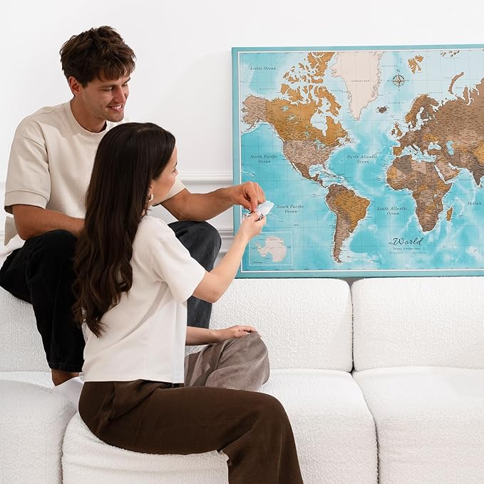 Canvas World Map with Cork Pin Board - English Lettering - Decorative Wall Decoration for All Rooms - Canvas Pictures with World Map Motif (150x100 cm, Pattern 10)