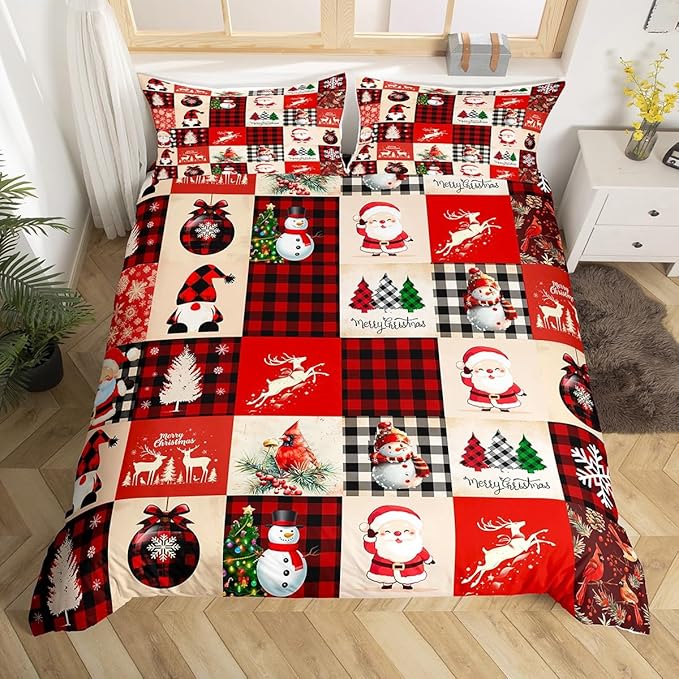 Manfei Christmas Duvet Cover Set King Size, Deer Tree Snowman Santa Claus Print Comforter Cover with 2 Pillowcases, Plaid Grid Print Bedding Set 3pcs for Kids Boys Girls Bedroom Decor,No Comforter