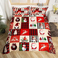 Manfei Christmas Duvet Cover Set Queen Size, Deer Tree Snowman Santa Claus Print Comforter Cover with 2 Pillowcases, Plaid Grid Print Bedding Set 3pcs for Kids Boys Girls Bedroom Decor,No Comforter