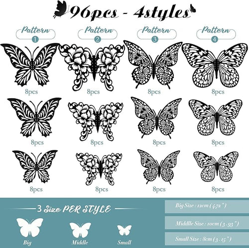 3D Gold Butterfly Wall Decor 3 Sizes 4 Styles Butterfly Party Decorations Cake Decorations Removable Stickers Wall Halloween Decor Room Mural Metallic Kids (Black, 96Pcs)