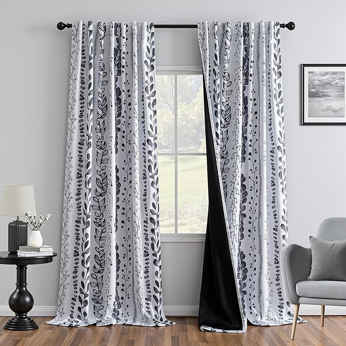 MEETSKY Boho Blackout Leaves Patterned Curtains 72 Inch Long 2 Panels Set for Bedroom, Room Darkening Dark Grey Drapes for Living Room, Thermal Insulated Rod Pocket Back Tab Window Treatment, 50"Wide