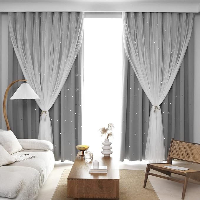 Kinryb Kids Blackout Curtains for Bedroom/Living Room/Classroom, Sheer Overlay 72 Inches 2 Panel Set, Double Layer Curtains with Star Cutout for Kids Room(W 52 x L 72 Inches,Silver Grey 2 Pcs)