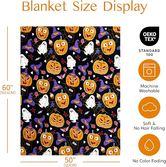 Joiedomi Glow in The Dark Blanket Pumpkin Black, Toys Gifts for Girls Age 2 3 4 5 6 7 8 9 10 11 12 Year Old, Soft Cozy Flannel Kids Throw Blanket, Christmas Birthday Present Bedroom Decor 50"×60"