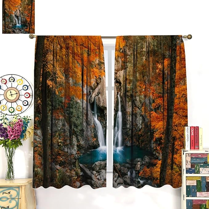 Autumn Waterfall Blackout Windows Curtains, Rustic Farmhouse Fall Forest Landscape Window Drapes, for Living Room Bedroom 42" W X 45" L