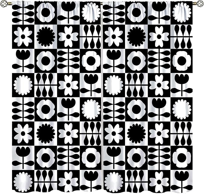 Mid Century Geometric Floral Curtains,Vintage 70s Window Treatments for Boys Girls Kids Bedroom Curtains,Boho Black and White Floral Curtains 72"" W X 63"" L, Style-10