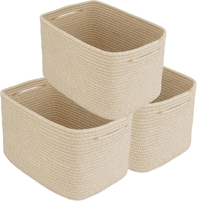 Rope storage Basket Bins Woven Basket for Organizing Shelves 14.5X9.5X9.3" Rectangle Decorative Baskets For storage Clothes Toys Books Towels Nursery basket organizer 3 pack Oatmeal