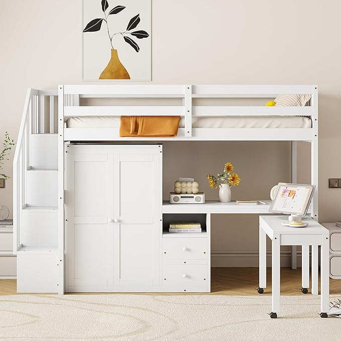 Merax Kids Twin Multifunction Loft Bed with Desk/Wardrobe, Wood Storage Loft Bed with Staircase, Bookshelf & Drawers, No Box Spring Needed, Space Saving, White