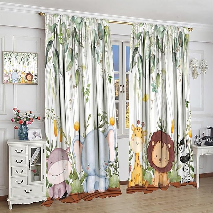 YCness Forest Animal Curtains, Watercolor Wild Animal Bear Fox Deer Kids Window Treatments for Living Room Bedroom, Green Woodland Tree Kids Drapes 2 Panel Sets,63x72 Inch