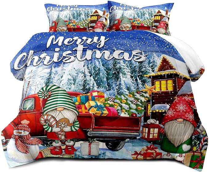 LUVIVIHOME 3PCS Merry Christmas Comforter Set King Size, Teens Boys Girls Kids Bedding, Cute Snowman Gnome Red Truck Winter Snowflake Happy New Year Christmas Bedroom Decor, Xmas Gifts, 2 Pillow Shams