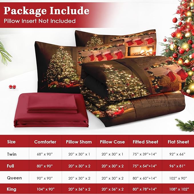 7 Pcs Full Size Christmas Comforter Set with 2 Pillowcases & 2 Shams, Vintage Fireplace Tree Bedding for Kids and Adults, Winter Holiday Red Socks Bed in a Bag with Flat Fitted Sheet