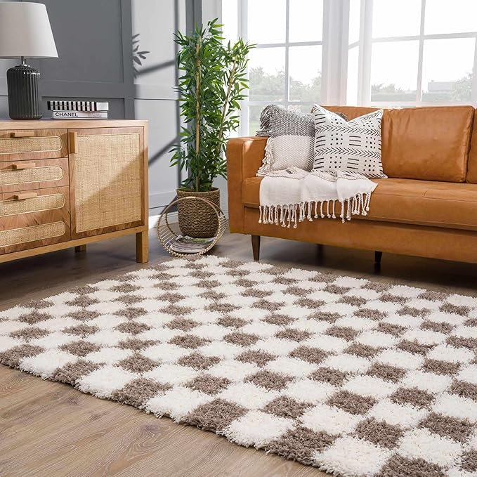 BoutiqueRugs Atira Modern Checkered Shag Area Rug - High Pile Fluffy Shaggy Carpet -Kids Room, Nursery, Living Room Shaggy Carpet - Brown, Cream, White, Taupe - 6'7" X 9'6" (6x9)