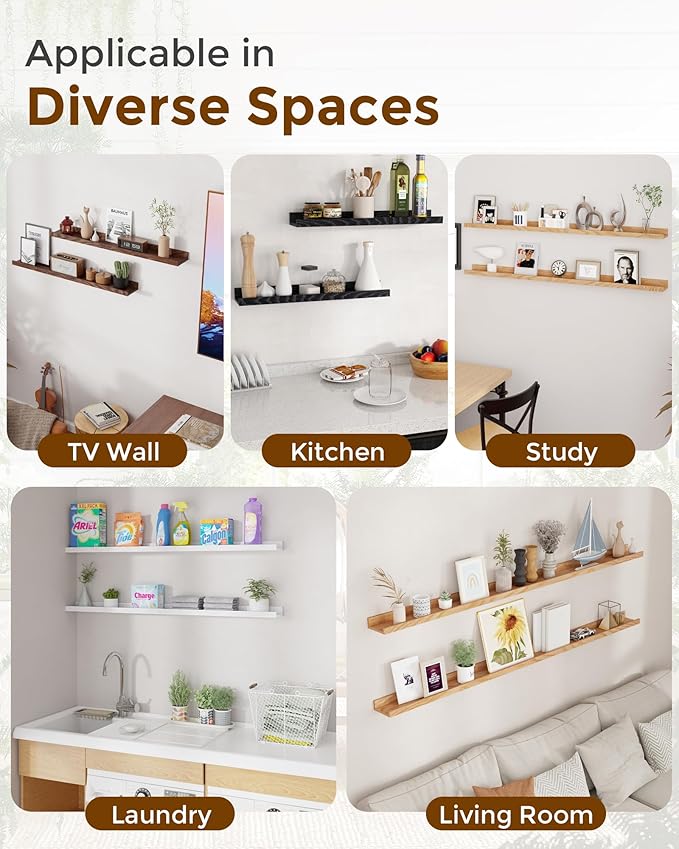 Axeman Oak Picture Ledge Shelf, 55 Inch Floating Shelves Set of 2, Solid Oak Wood Wall Shelves with Lip, Wall Decor Storage for Bedroom Living Room Bathroom Kitchen Nursery Photo Picture, White