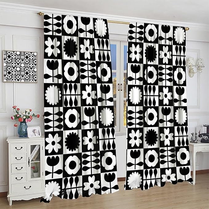 Mid Century Geometric Floral Curtains,Vintage 70s Window Treatments for Boys Girls Kids Bedroom Curtains,Boho Black and White Floral Curtains 72"" W X 63"" L, Style-10