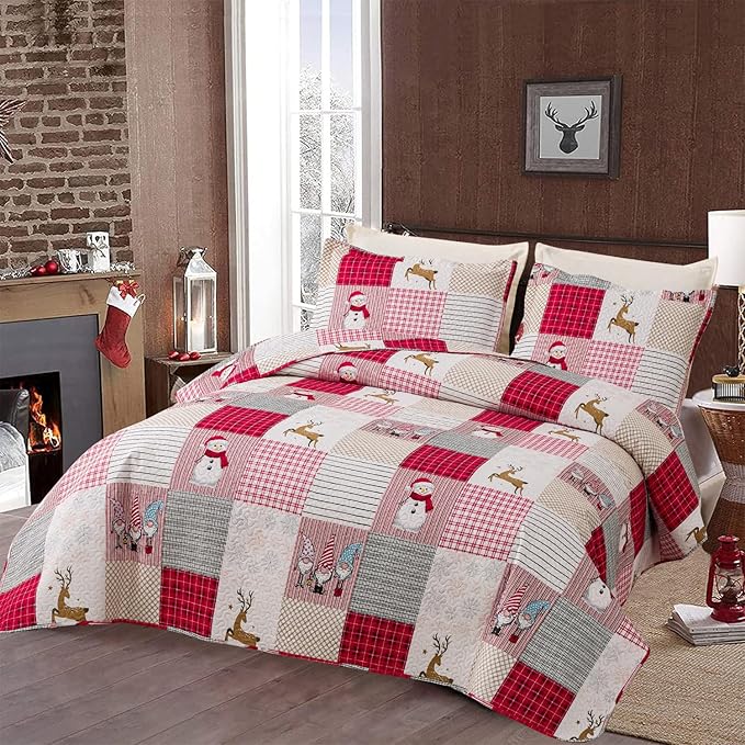 Jessy Home Christmas Bedding Set Queen Christmas Quilt Bedspread Pink Gnome Santa Claus Plaid Patchwork Xmas Quilt Bedding Decor Winter Snowman Elk Lightweight Reversible Bedspread Coverlet