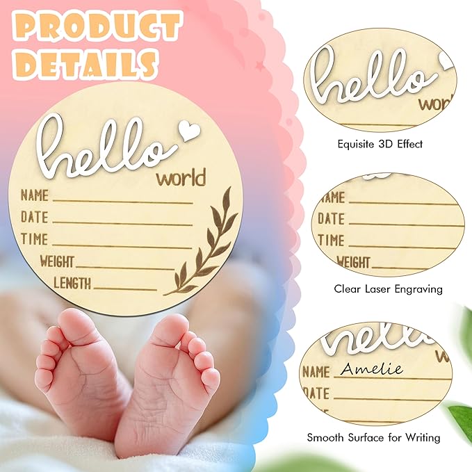 Baby Announcement Sign, Gender Reveal for Welcome Baby 3PCS Its a Boy/Girl and Hello World Newborn Sign Board Wooden Birth Name Announcement Plaque and Pen for Hospital Shower Party Photo Props