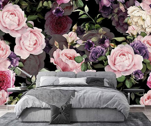 AFZEVEB-Black Watercolor Purple Peony Flower Wallpaper Wall murals for Bedroom 136"x96"(Not Peel and Stick)