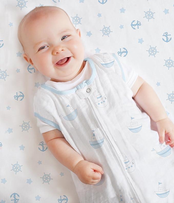 SwaddleDesigns Softest Cotton Muslin Fitted Crib Sheet/Toddler Sheet for Baby Boy & Girl, Pastel Blue Ahoy!