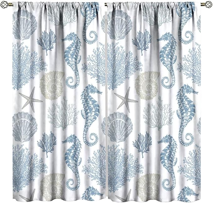 Seahorse Coral Curtains,Starfish Seashell Beach Sea Starfish Seashell Theme Pattern Blackout Print Home Bedroom Living Room Window Treatmen 2 Panel Set 84x84 Inch