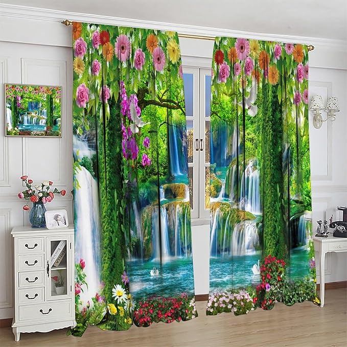 Jungle Nature Blackout Window Curtains, Trees Scenic Waterfall and River Spring Pattern Print Window Drapes, for Living Room Bedroom 84x84in