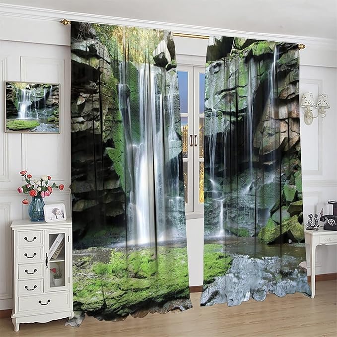 Forest Waterfall Blackout Windows Curtains, Rocky Waterfall to Pond Running Off Scenic Nature Themed Picture Print Curtains, for Living Room Bedroom 63x63in 2 Panels