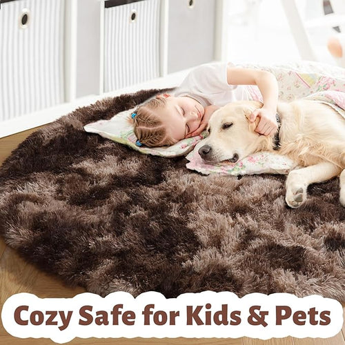Amdrebio Tie-Dyed Brown Round Circle Rugs 5Ft for Bedroom, Fluffy Shag Plush Area Rugs for Kids Room, Living Room Decor Aesthetic, Fuzzy Fur Throw Floor Carpet for Playroom Preppy Dorm Baby Nursery