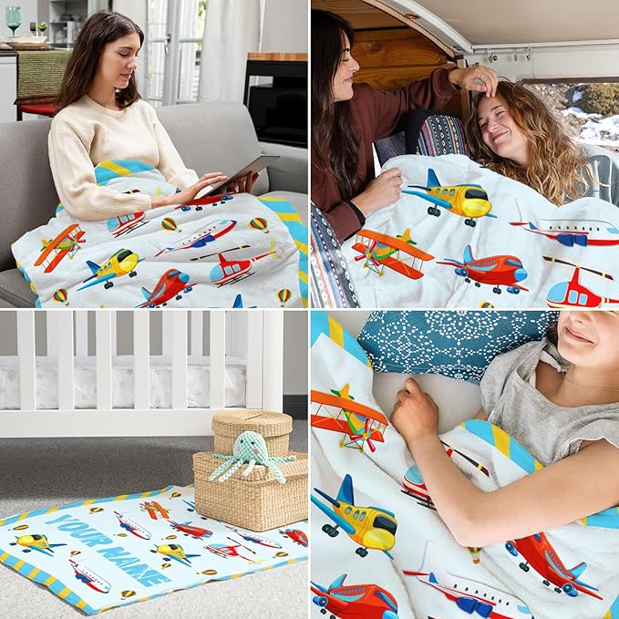 Custom Cute Throw Blanket for Adults - 60" x 80" Inches Airplane Throw Gifts for Boys - Blue Warm Cozy Aircraft Blanket for Bed, Couch, Travel