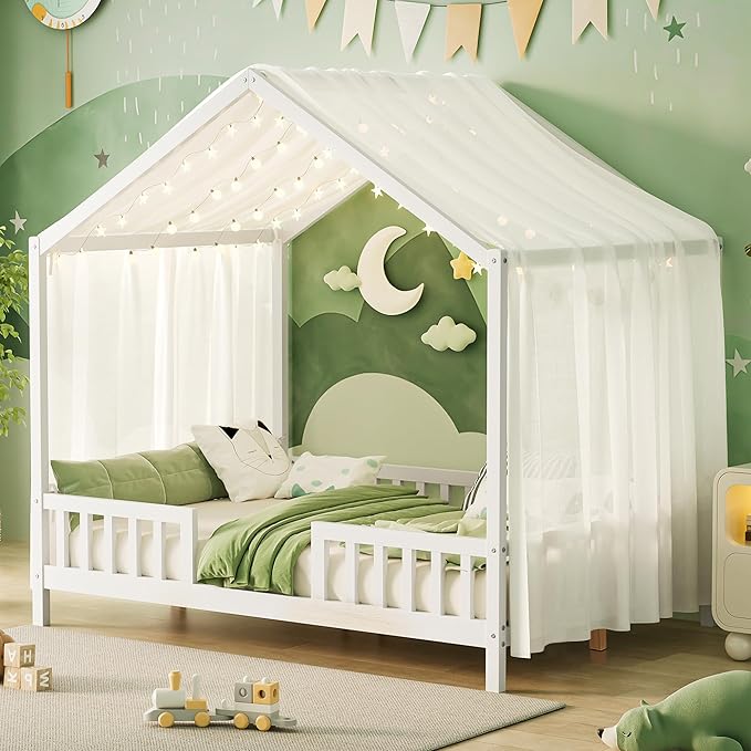 Bellemave Full House BedFrame with Canopy, Montessori Floor Bed, House Bed with Rails for Kids, White