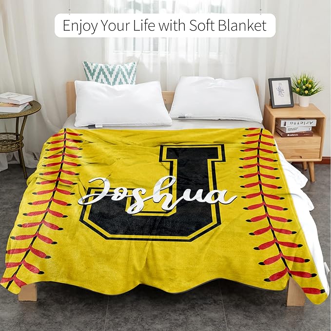 Personalized Softball Kids Blanket with Name and Number - Custom Sport Bed Blankets Gift for 0-3 Months Baby Essential and Warm 60x80inch
