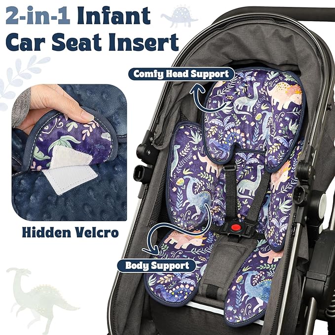 Pea Pod Infant Car Seat Insert 2-in-1 Baby Car Seat Head & Body Support for Newborns abaoys Preemie Carseat Stroller Cushion Pad Headrest with Soft Minky Dot Fabric Backing, Cute Dinosaur