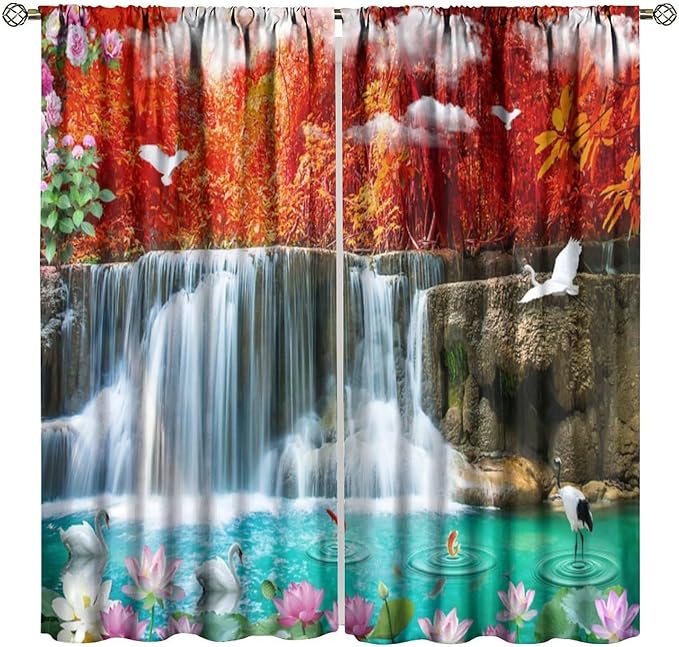 Nature Blackout Curtains, Waterfall Landscape Forest River Crane Fish Floral Pattern Rod Pocket Window Drapes, for Bedroom Living Room 42" W X 63" L